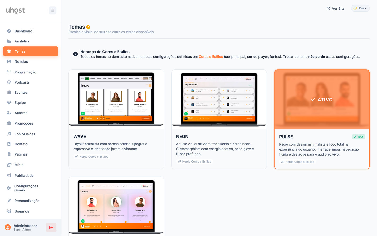 Seletor de temas no painel: os 4 temas em preview, troque com um clique