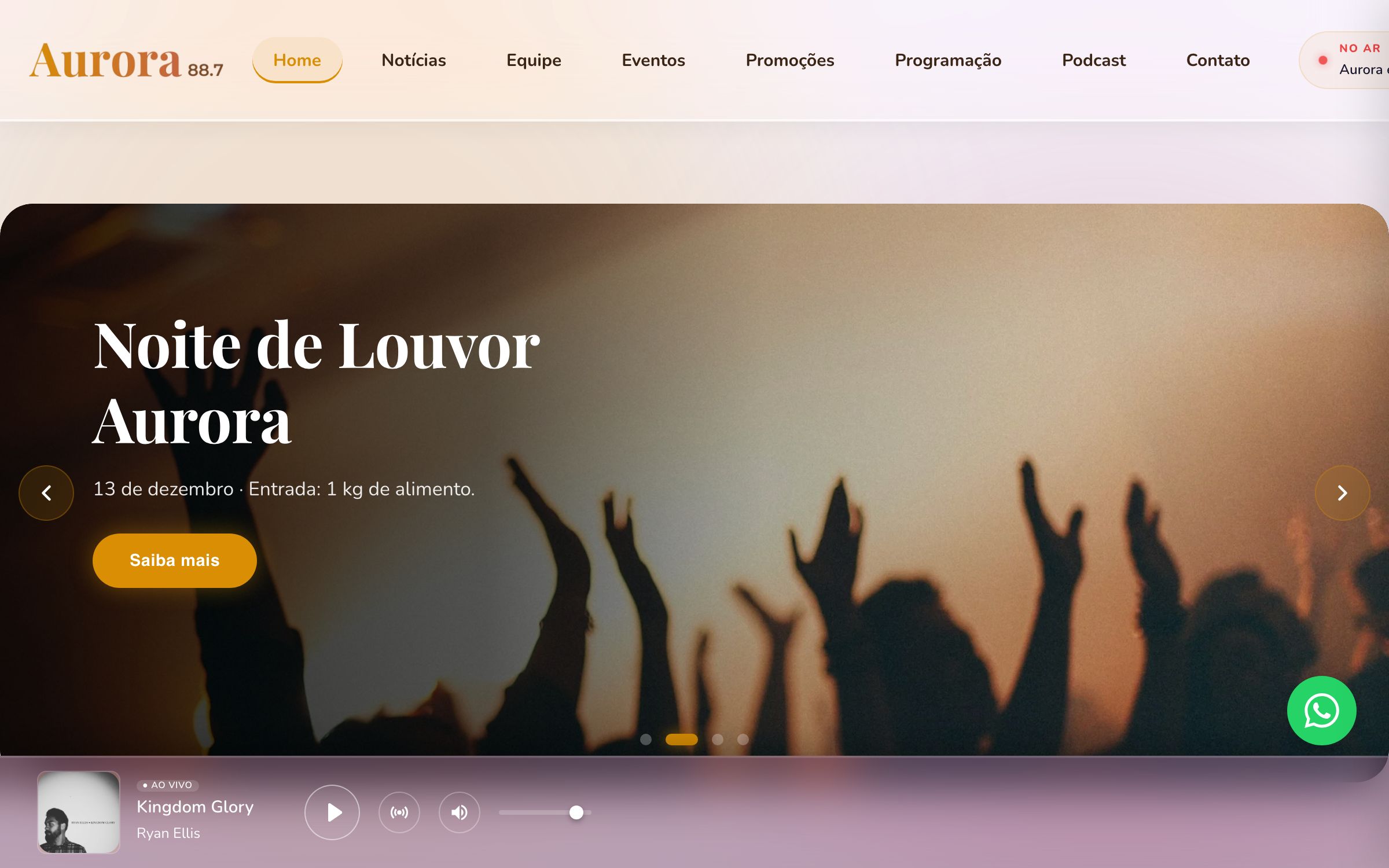 Tema Glow no computador: a home da Aurora 88.7, rádio fictícia de demonstração
