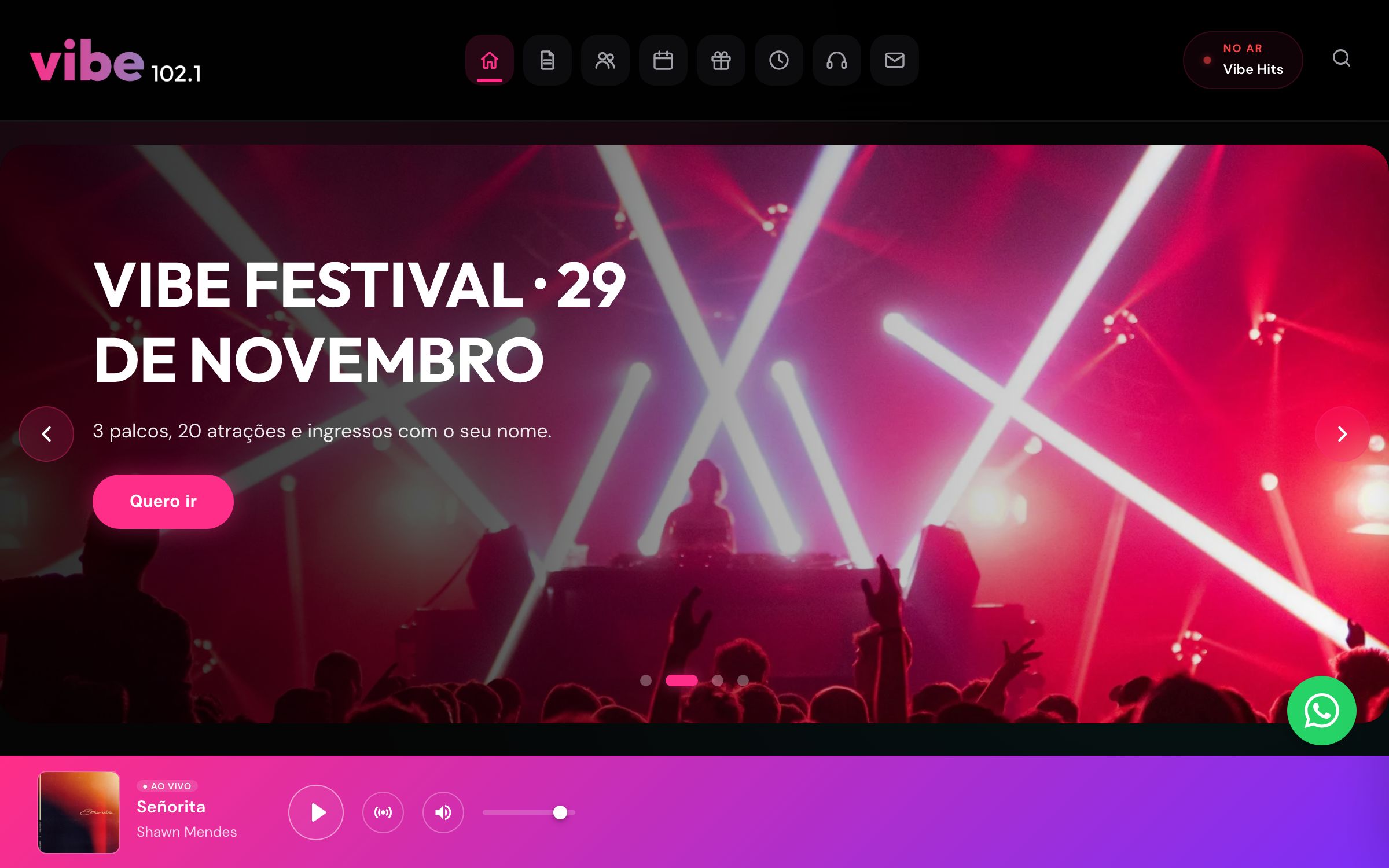 Tema Neon no computador: a home da Vibe 102.1, rádio fictícia de demonstração