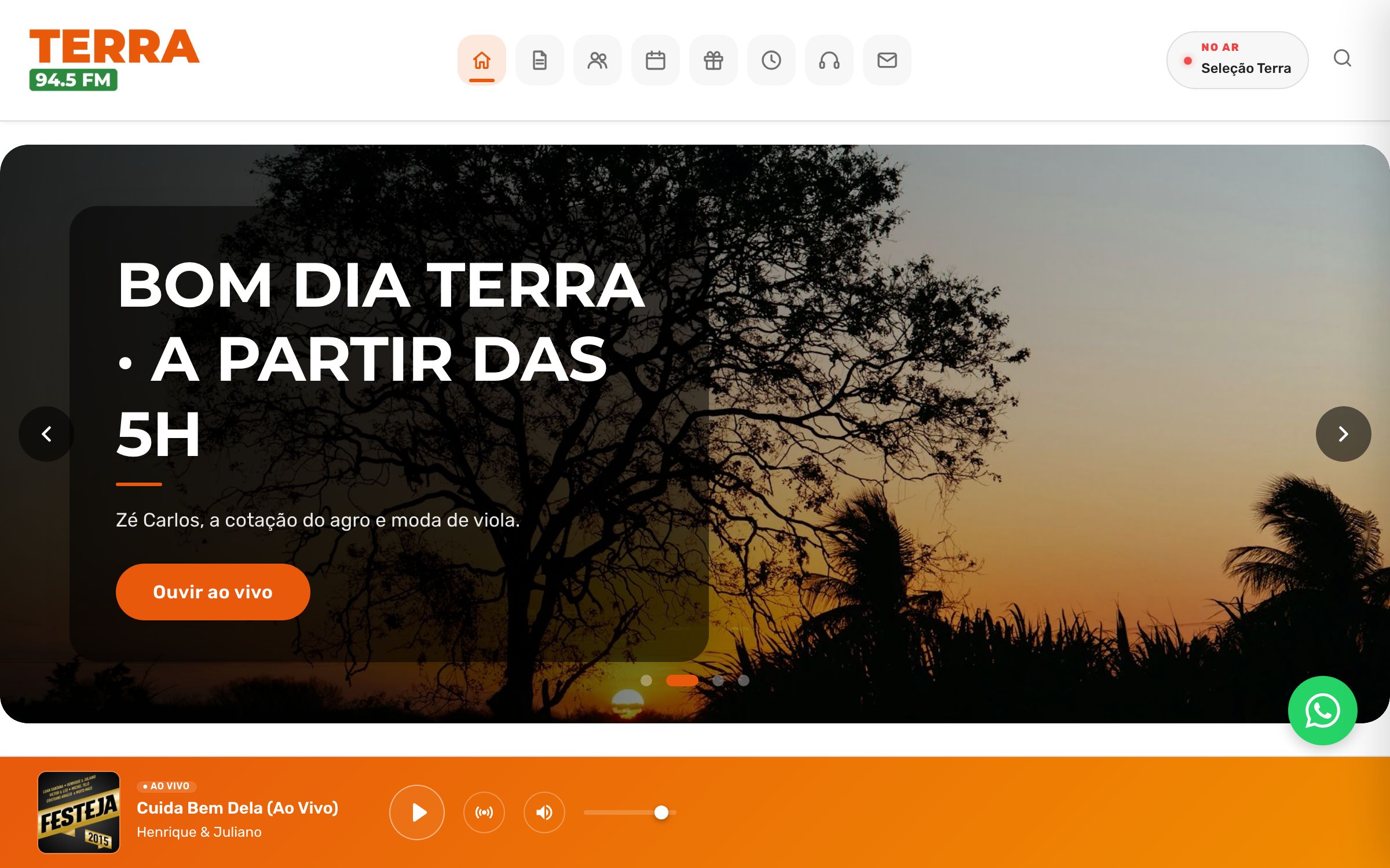 Tema Pulse no computador: a home da Terra 94.5 FM, rádio fictícia de demonstração